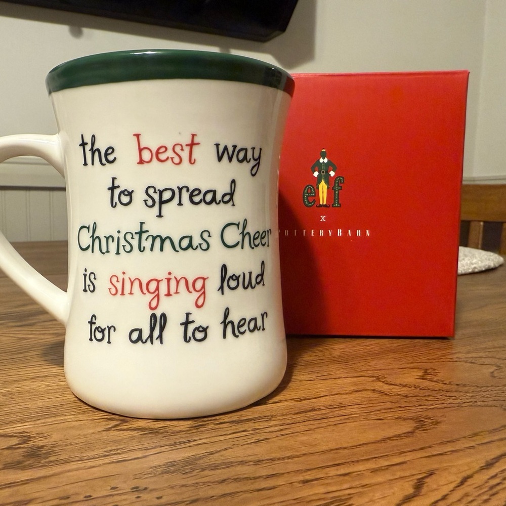 Pottery Barn Elf Holiday Ceramic Mug - Cream with Green Trim